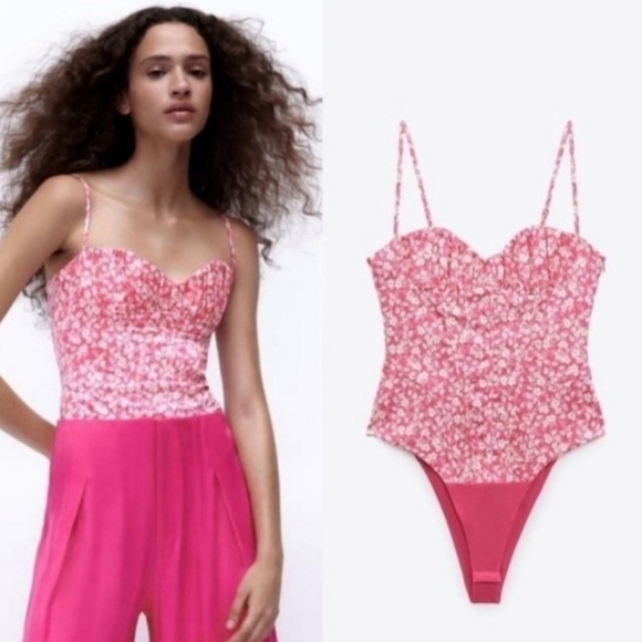Zara Hot Pink and White Floral Corset Bodysuit Sweetheart Neckline- Size M - Picture 1 of 10